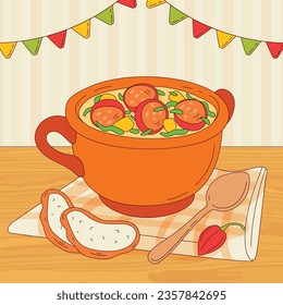 Caldo Verde food. Caldo Verde Illustration. Vector Illustration. Portuguese style soup called Caldo Verde. Portuguese soup with sausage in ceramic bowl. Portuguese cuisine.