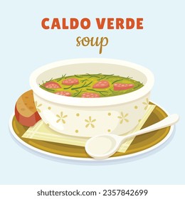 Comida de Caldo Verde. Ilustración de Caldo Verde. Ilustración vectorial. Sopa de estilo portugués llamada Caldo Verde. Sopa portuguesa con salchicha en tazón de cerámica. Cocina portuguesa.