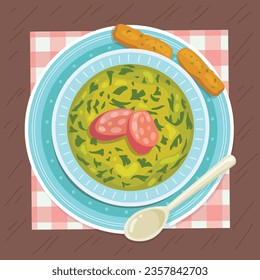 Comida de Caldo Verde. Ilustración de Caldo Verde. Ilustración vectorial. Sopa de estilo portugués llamada Caldo Verde. Sopa portuguesa con salchicha en tazón de cerámica. Cocina portuguesa.