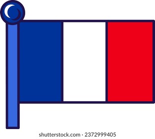 Caledonia country nation flag on flagpole vector. Vertical tricolor of blue, white and red color on traditional symbol of overseas territory. French islands triband flat cartoon illustration