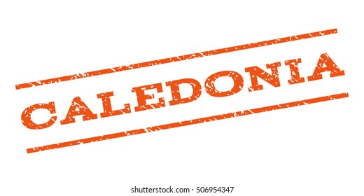 Caledonia watermark stamp. Text caption between parallel lines with grunge design style. Rubber seal stamp with scratched texture. Vector orange color ink imprint on a white background.