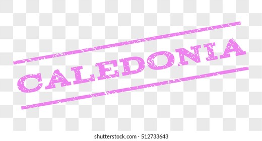 Caledonia watermark stamp. Text caption between parallel lines with grunge design style. Rubber seal stamp with scratched texture. Vector violet color ink imprint on a chess transparent background.
