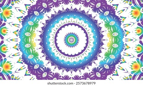 Caleidoscope of beautiful symmetrical flowers colorful gradient. Floral background line art traditional batik ornament dayak design template element. Suitable for fabric, clothing and wallpaper.