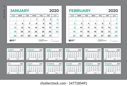 Calenar 2021 template, Desk Calendar 2020 template,  Week Starts on Sunday. Set of 12 Months. planner template, vector Eps10. 