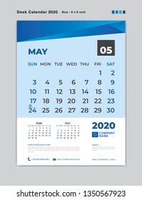 Calenar 2021 template, May 2020 Month template, Desk Calendar for 2020 year, week start on sunday, planner, stationery, Blue Concept, vertical layout vector, business printing design