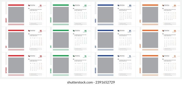 Calenar 2024 template, Desk Calendar 2025 template, Week Starts on Sunday. Set of 12 Months. planner template, vector Eps10.