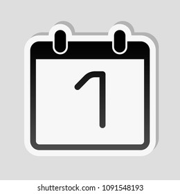 calendar with 1 day, simple icon. Sticker style with white border and simple shadow on gray background