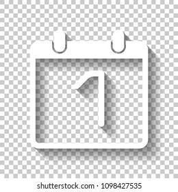 calendar with 1 day, simple icon. White icon with shadow on transparent background