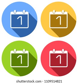 calendar with 1 day, simple icon. Set of white icons with long shadow on blue, orange, green and red colored circles. Sticker style