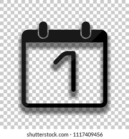 calendar with 1 day, simple icon. Black glass icon with soft shadow on transparent background