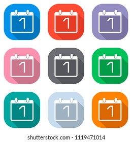 calendar with 1 day, simple icon. Set of white icons on colored squares for applications. Seamless and pattern for poster