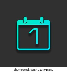 calendar with 1 day, simple icon. Colorful logo concept with soft shadow on dark background. Icon color of azure ocean