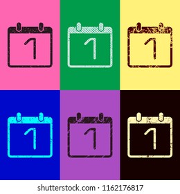 calendar with 1 day, simple icon. Pop art style. Scratched icons on 6 colour backgrounds. 