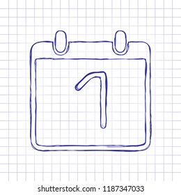 calendar with 1 day, simple icon. Hand drawn picture on paper sheet. Blue ink, outline sketch style. Doodle on checkered background