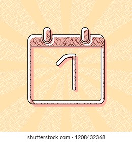 calendar with 1 day, simple icon. Vintage retro typography with offset printing effect. Dots poster with comics pop art background