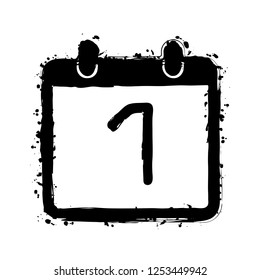 calendar with 1 day, simple icon. Black ink with splashes on white background
