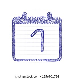 calendar with 1 day, simple icon. Hand drawn sketched picture with scribble fill. Blue ink. Doodle on white background