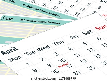 A calendar and 1040 income tax form. 2019, 2020 Tax Form 1040 and a calendar. Tax Day on April 17, the calendar with the word Deadline.