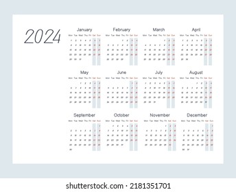 Calendar 12 months for 2024. White background. The week starts on Monday, Saturday and Sunday are greyed out. Stylish flat vector illustration, eps10
