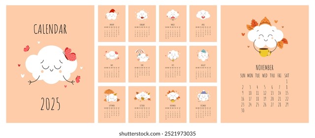 12 meses 2025. Con nubes lindas con caras sonrientes. Ilustración vectorial