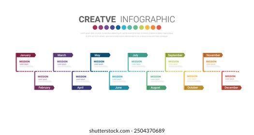 Calendario 12 meses en 4 trimestres, la Plantilla de infografía para negocios 1 año se puede utilizar para el informe anual, flujo de trabajo, diagrama de proceso, diagrama de flujo. Vector EPS.