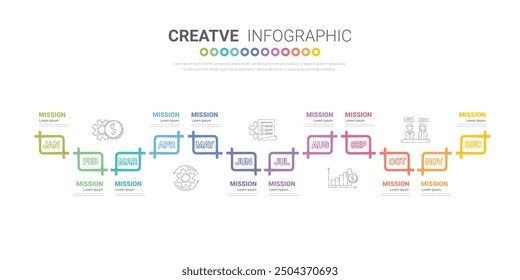 Calendario 12 meses en 4 trimestres, la Plantilla de infografía para negocios 1 año se puede utilizar para el informe anual, flujo de trabajo, diagrama de proceso, diagrama de flujo. Vector EPS.