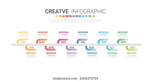 Calendario 12 meses en 4 trimestres, la Plantilla de infografía para negocios 1 año se puede utilizar para el informe anual, flujo de trabajo, diagrama de proceso, diagrama de flujo. Vector EPS.