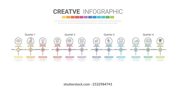 Calendario 12 meses en 4 trimestres, la Plantilla de infografía para negocios 1 año se puede utilizar para el informe anual, flujo de trabajo, diagrama de proceso, diagrama de flujo. Vector EPS.