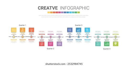 Calendario 12 meses en 4 trimestres, la Plantilla de infografía para negocios 1 año se puede utilizar para el informe anual, flujo de trabajo, diagrama de proceso, diagrama de flujo. Vector EPS.