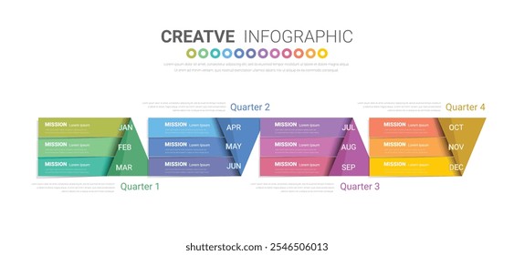 Calendario 12 meses en 4 trimestres, la Plantilla de infografía para negocios 1 año se puede utilizar para el informe anual, flujo de trabajo, diagrama de proceso, diagrama de flujo. Vector EPS.