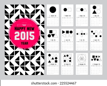 Calendar for 12 months from the black-and-white illustrations of geometric shapes. Square, circle, rectangle. Merry Christmas lettering with hipster mosaic pattern. Good organizer and schedule.