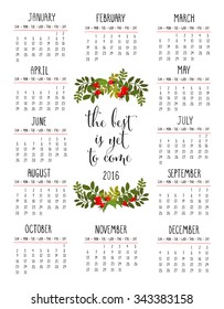 Calendar 12 months with floral bouquet and wishes. Week starts from Sunday. Isolated. Vector.