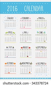 Calendar 12 months with hand drawn seasonal elements. Week starts from Sunday. Isolated. Vector.