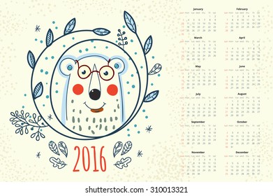 Calendar 12 months. Polar bear in a wreath winter