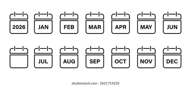 calendar 12 months vector icon set 2026. every month calendar icons. month name in calendar icon, vector illustration.
