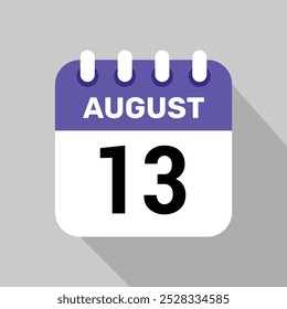 calendário 13 agosto ícone vetor para os dias do mês e da semana em um fundo claro