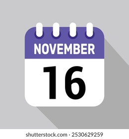 calendar 16 november icon vector date background. Vector schedule symbol.