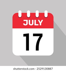 Calendario 17 julio Icono Vector Fecha Mes Ilustración de fondo.