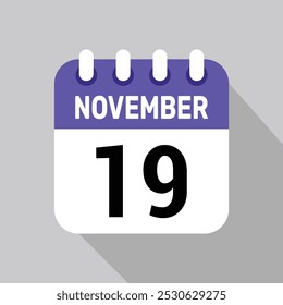 calendar 19 november icon vector date background. Vector schedule symbol.