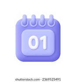 Calendar with 1th day of the month. Time management, planning and event schedule concept. 3d vector icon. Cartoon minimal style.