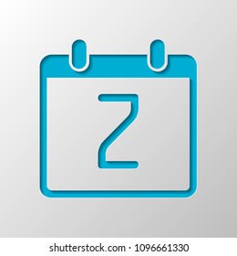 calendar with 2 day, simple icon. Paper design. Cutted symbol with shadow