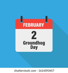 Calendar 2 February groundhog day on blue background with shadow. Vector isolated illustration. Character for report design. Weather vector illustration. Groundhog day card. EPS 10