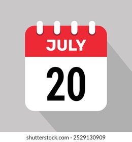 Calendario 20 julio icono Vector fecha mes ilustración de fondo.