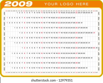 Calendar for 2009. Numbers within a grid. Horizontal design