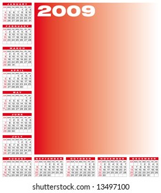 Calendar for 2009. Numbers within a grid. Laid around the space for a picture.