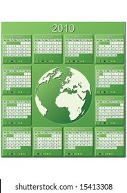 Calendar 2010 international. Start of week monday, with week numbers and moon phases, with space for logo in the center. CMYK colors.