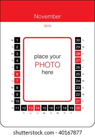 Calendar 2010. Months November. Vector illustration
