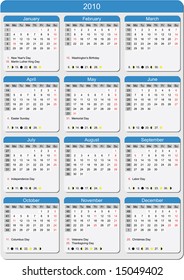 Calendar 2010. Start of week Monday, with week numbers, major US holidays and moon phases. CMYK colors. Fitting and well legible on A4 paper.