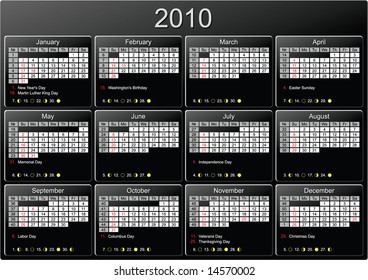 Calendar 2010. Start of week Sunday, with week numbers, major US holidays and moon phases. CMYK colors. Fitting and well legible on A4 paper.