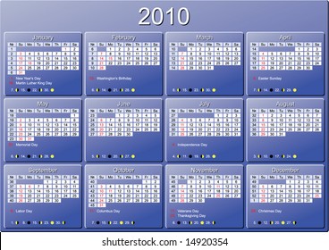 Calendar 2010. Start of week Sunday, with week numbers, major US holidays and moon phases. CMYK colors. Fitting and well legible on A4 paper.
